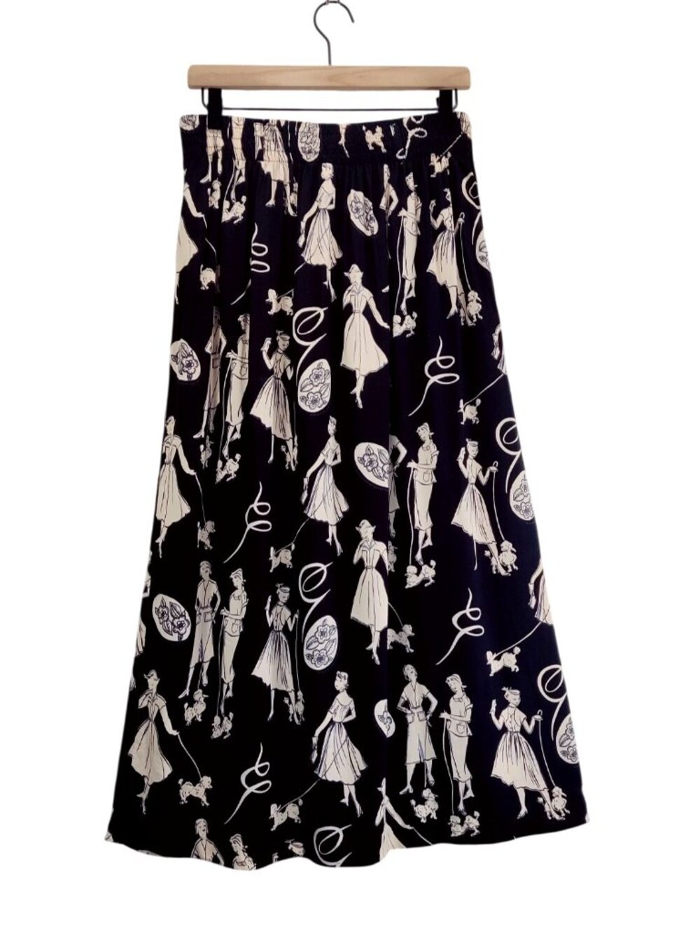 Vtg Pleated Skirt Black Midi L by Billie Martin Ladies Fashion Novelty Print USA